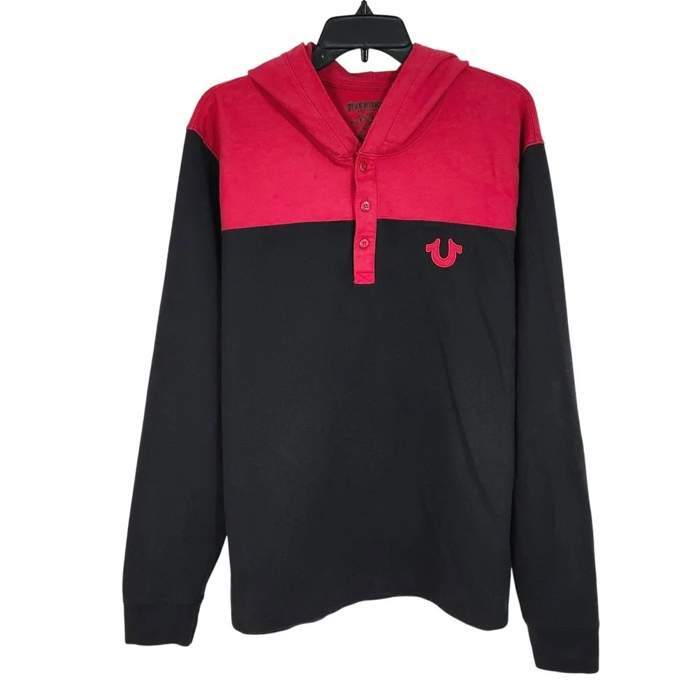 True Religion Henley Hooded Shirt Mens XL Red Black Colorblock‎ Long Sleeve